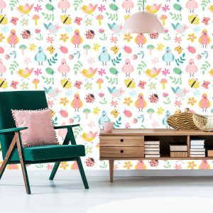 Papier Peint Pour Les Enfants - Oiseaux Chanteurs Et Plantes Colorées – Image 6