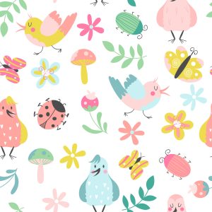 Papier Peint Pour Les Enfants - Oiseaux Chanteurs Et Plantes Colorées – Image 1