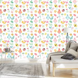 Papier Peint Pour Les Enfants - Oiseaux Chanteurs Et Plantes Colorées – Image 3