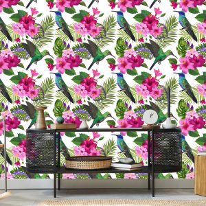 Papier Peint Tropical - Feuilles Et Fleurs Colorées De Colibri – Image 5
