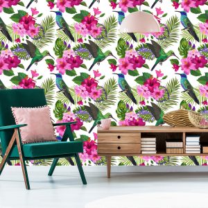 Papier Peint Tropical - Feuilles Et Fleurs Colorées De Colibri – Image 6