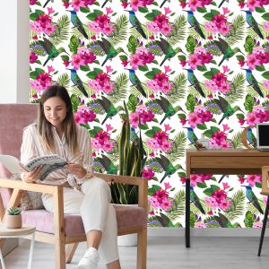 Papier Peint Tropical - Feuilles Et Fleurs Colorées De Colibri – Image 7