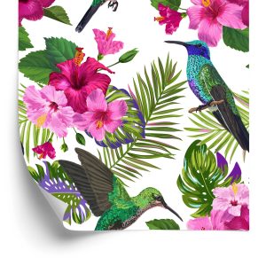Papier Peint Tropical - Feuilles Et Fleurs Colorées De Colibri – Image 2