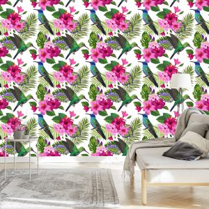 Papier Peint Tropical - Feuilles Et Fleurs Colorées De Colibri – Image 3