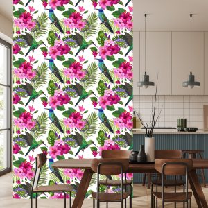 Papier Peint Tropical - Feuilles Et Fleurs Colorées De Colibri – Image 4