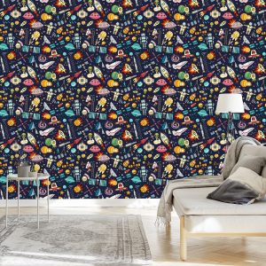 Papier Peint Pour Les Enfants - Planètes, Étoiles, Fusées Et Cosmonautes – Image 3