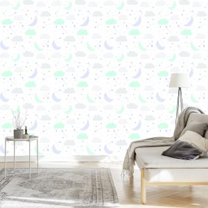 Papier Peint Pour Les Enfants - Étoiles, Nuages ​​Et Lunes Aux Couleurs Pastel – Image 3