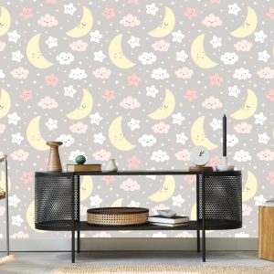 Papier Peint Pour Les Enfants - Une Nuit Pleine D'étoiles Joyeuses, De Lunes Et De Nuages – Image 5