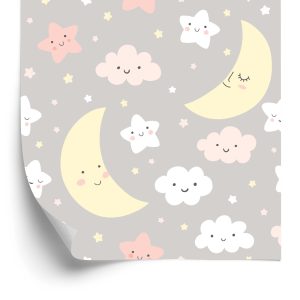 Papier Peint Pour Les Enfants - Une Nuit Pleine D'étoiles Joyeuses, De Lunes Et De Nuages – Image 2
