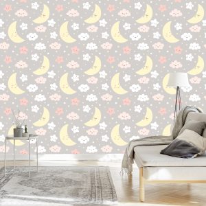 Papier Peint Pour Les Enfants - Une Nuit Pleine D'étoiles Joyeuses, De Lunes Et De Nuages – Image 3