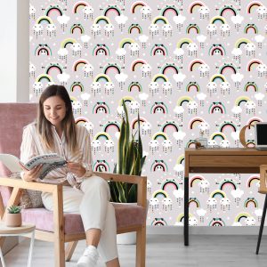 Papier Peint Pour Les Enfants - Joyeux Arcs-En-Ciel Et Nuages ​​Colorés – Image 7