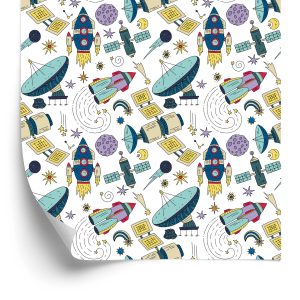 Papier Peint Pour Les Enfants - Fusées Colorées, Satellites Et Planètes – Image 2