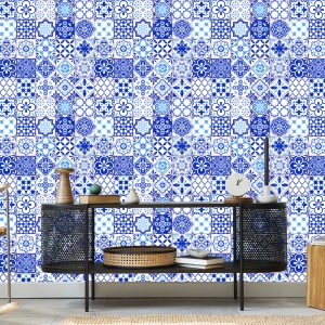 Papier Peint Rétro - Bleu - Mosaïque Blanche – Image 5