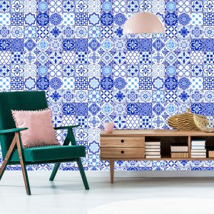 Papier Peint Rétro - Bleu - Mosaïque Blanche – Image 6