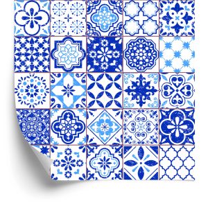 Papier Peint Rétro - Bleu - Mosaïque Blanche – Image 2