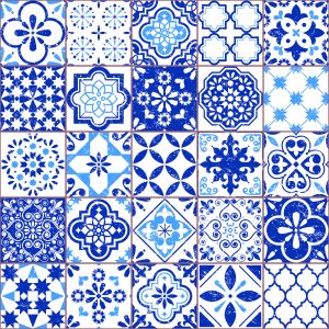 Papier Peint Rétro - Bleu - Mosaïque Blanche – Image 1