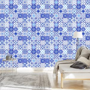 Papier Peint Rétro - Bleu - Mosaïque Blanche – Image 3