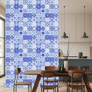 Papier Peint Rétro - Bleu - Mosaïque Blanche – Image 4