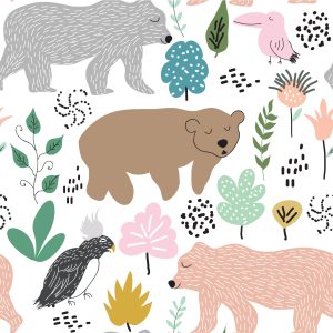 Papier Peint Pour Les Enfants - Ours Et Oiseaux Colorés – Image 1