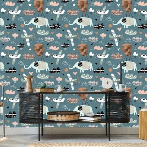 Papier Peint Pour Les Enfants - Éléphants, Avions Et Nuages ​​Dans Le Style Scandinave – Image 5
