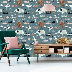Papier Peint Pour Les Enfants - Éléphants, Avions Et Nuages ​​Dans Le Style Scandinave – Image 6