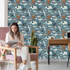 Papier Peint Pour Les Enfants - Éléphants, Avions Et Nuages ​​Dans Le Style Scandinave – Image 7