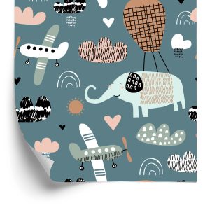 Papier Peint Pour Les Enfants - Éléphants, Avions Et Nuages ​​Dans Le Style Scandinave – Image 2