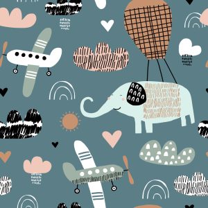 Papier Peint Pour Les Enfants - Éléphants, Avions Et Nuages ​​Dans Le Style Scandinave – Image 1