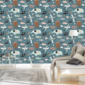 Papier Peint Pour Les Enfants - Éléphants, Avions Et Nuages ​​Dans Le Style Scandinave – Image 3
