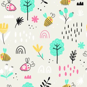 Papier Peint Pour Les Enfants - Abeilles Et Plantes De Style Scandinave – Image 1
