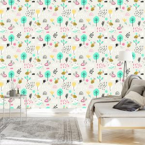 Papier Peint Pour Les Enfants - Abeilles Et Plantes De Style Scandinave – Image 3