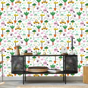 Papier Peint Pour Les Enfants - Éléphants, Voitures Et Maisons De Style Scandinave – Image 5