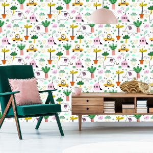Papier Peint Pour Les Enfants - Éléphants, Voitures Et Maisons De Style Scandinave – Image 6