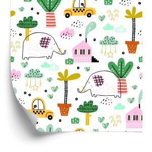 Papier Peint Pour Les Enfants - Éléphants, Voitures Et Maisons De Style Scandinave – Image 2