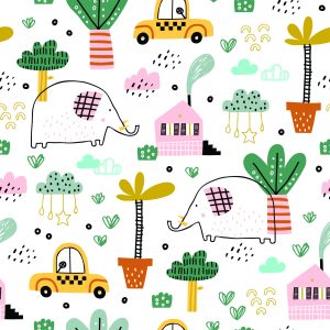 Papier Peint Pour Les Enfants - Éléphants, Voitures Et Maisons De Style Scandinave – Image 1