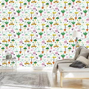 Papier Peint Pour Les Enfants - Éléphants, Voitures Et Maisons De Style Scandinave – Image 3