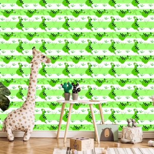 Papier Peint Pour Les Enfants - Dinosaures Sur Le Vert - Fond De Rayures Blanches – Image 5