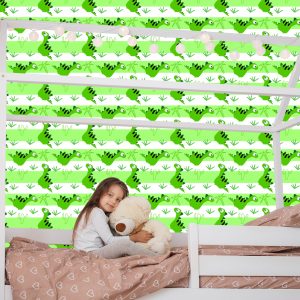 Papier Peint Pour Les Enfants - Dinosaures Sur Le Vert - Fond De Rayures Blanches – Image 7
