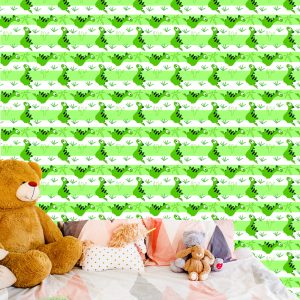Papier Peint Pour Les Enfants - Dinosaures Sur Le Vert - Fond De Rayures Blanches – Image 6