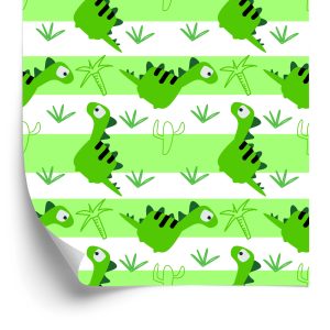 Papier Peint Pour Les Enfants - Dinosaures Sur Le Vert - Fond De Rayures Blanches – Image 2