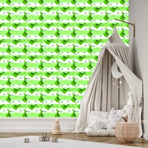 Papier Peint Pour Les Enfants - Dinosaures Sur Le Vert - Fond De Rayures Blanches – Image 3
