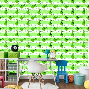 Papier Peint Pour Les Enfants - Dinosaures Sur Le Vert - Fond De Rayures Blanches – Image 4