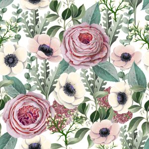 Papier Peint Roses, Anémones Et Feuilles D'eucalyptus – Image 1