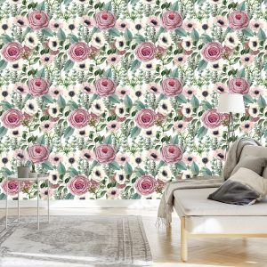 Papier Peint Roses, Anémones Et Feuilles D'eucalyptus – Image 3