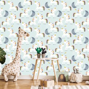 Papier Peint Pour Les Enfants - Licornes Et Lunes - Style Scandinave – Image 5