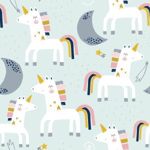 Papier Peint Pour Les Enfants - Licornes Et Lunes - Style Scandinave – Image 1