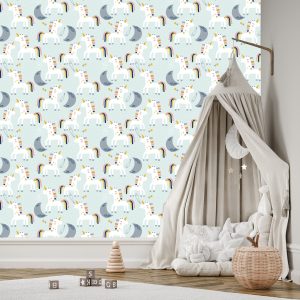 Papier Peint Pour Les Enfants - Licornes Et Lunes - Style Scandinave – Image 3