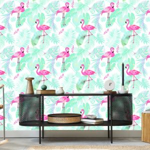 Papier Peint Flamants Roses Et Feuilles Exotiques Aux Couleurs Pastel – Image 5