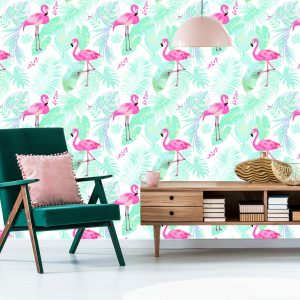 Papier Peint Flamants Roses Et Feuilles Exotiques Aux Couleurs Pastel – Image 6