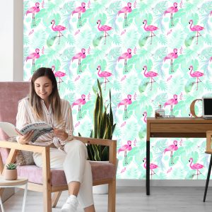 Papier Peint Flamants Roses Et Feuilles Exotiques Aux Couleurs Pastel – Image 7